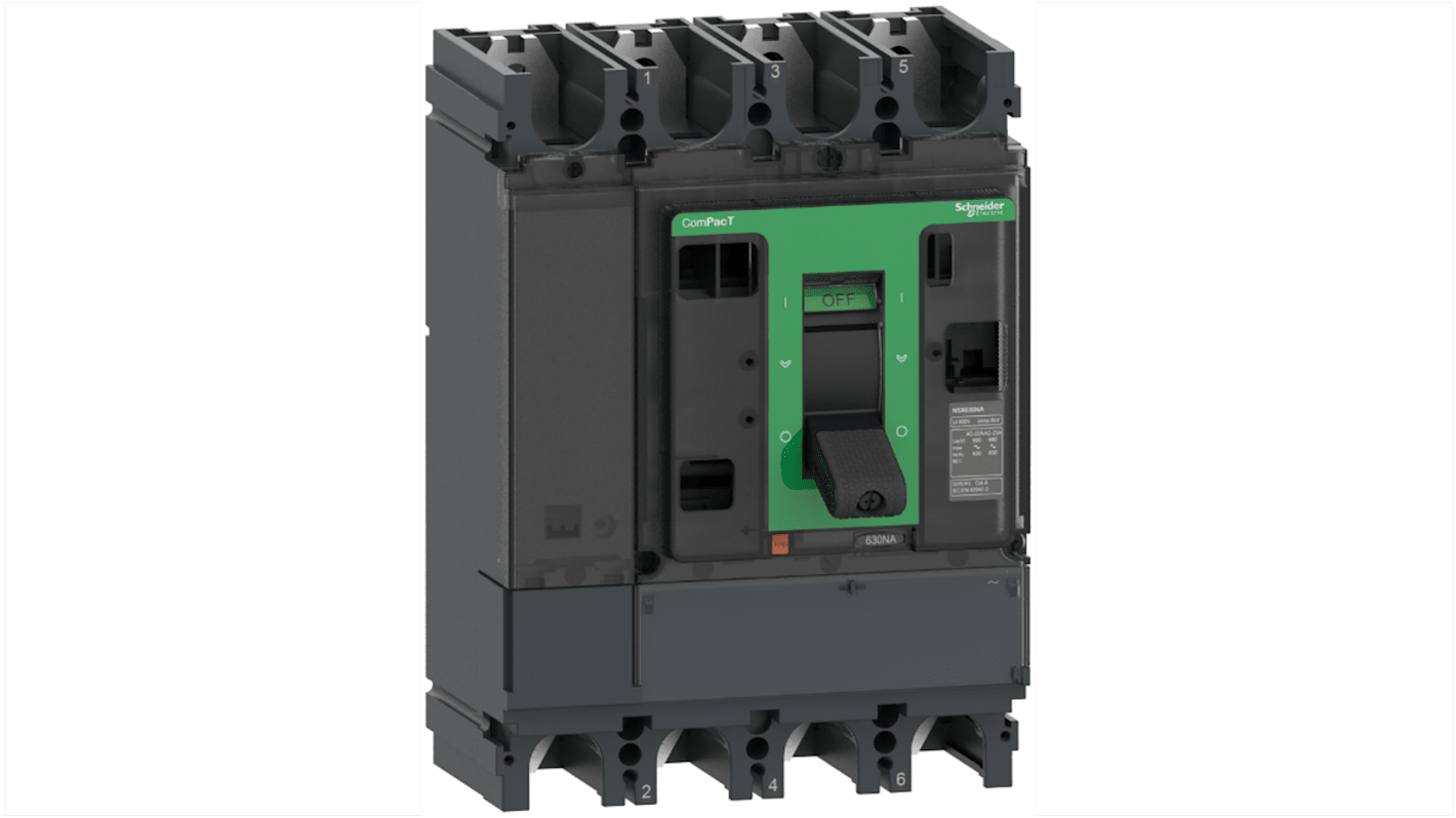 Sezionatore Schneider Electric C634630S ComPacT NSX630NA a 4 poli, progettato per il controllo e l'isolamento dei circuiti elettrici.