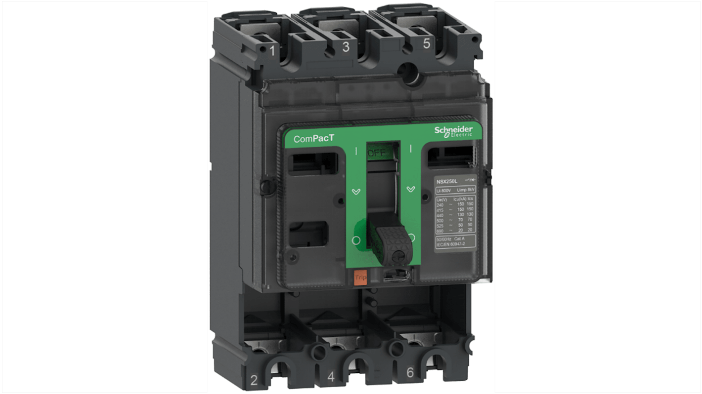 Interruttore magnetotermico scatolato Schneider Electric C10N3, 3 poli, 100A, montaggio fisso, design ergonomico per installazione semplice.