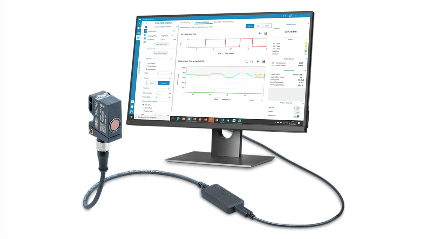 Baumer USB-C IO-Link Master, modulo compatto per sensori, alimentato tramite USB-C, con porta di classe A e cavo di 1m.