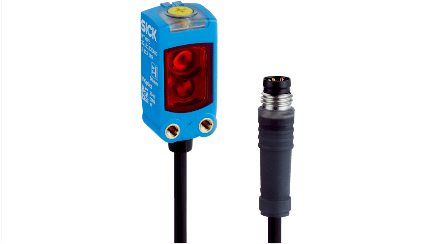 Sensore fotoelettrico Sick WTV4FE-31311120ZZZ, miniaturizzato, rilevamento 50 mm, montaggio a muro, IP66, IO-Link.