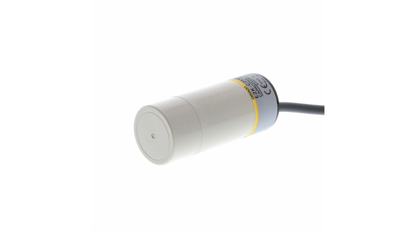 Sensore di prossimità cilindrico NPN Omron E2K-C25ME2, rilevamento a 25 mm, tecnologia capacitiva, grado di protezione IP65.