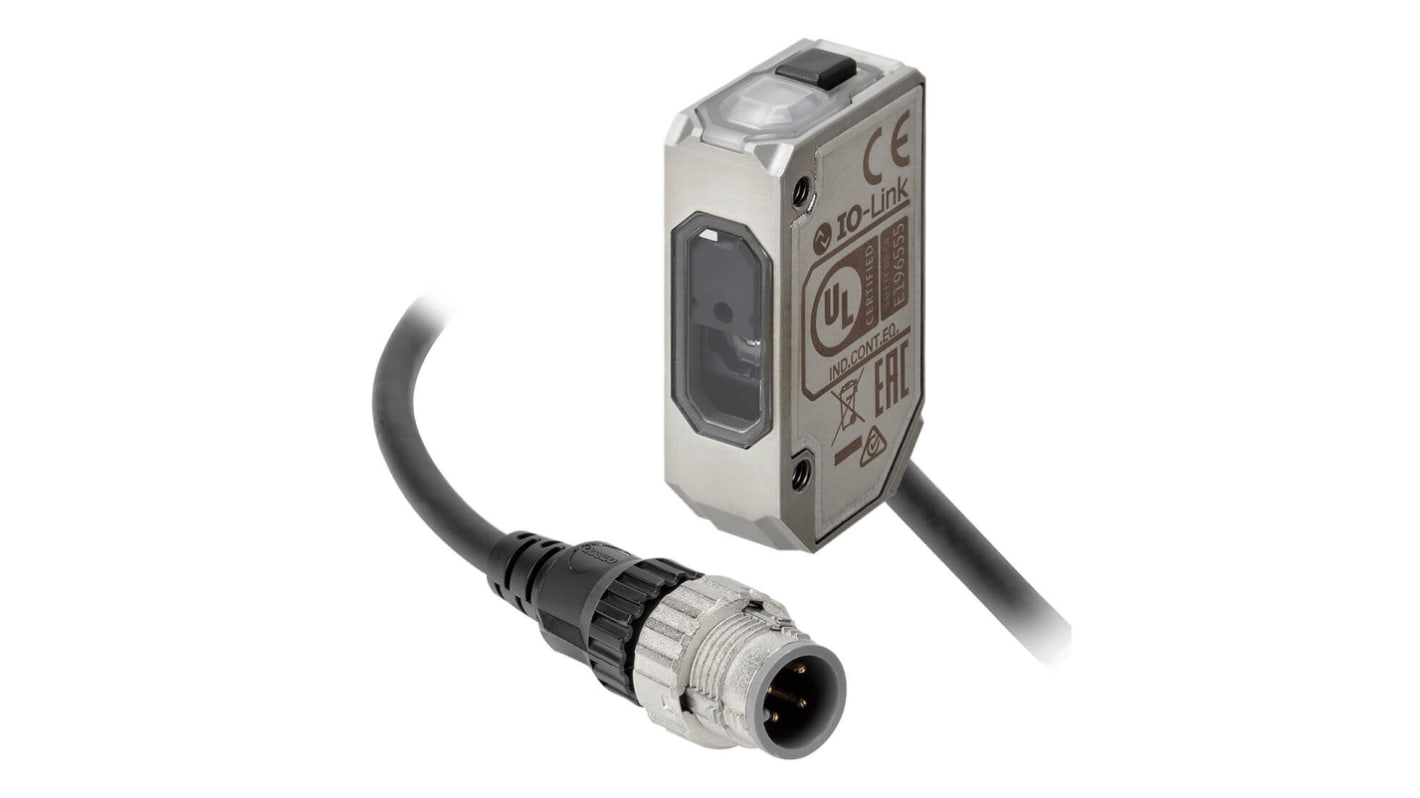 Sensore fotoelettrico rettangolare Omron E3AS-F1000IMT-M1TJ 0.3M, rilevamento fino a 1000 mm, uscita PNP, connettore M12 a 4 pin.