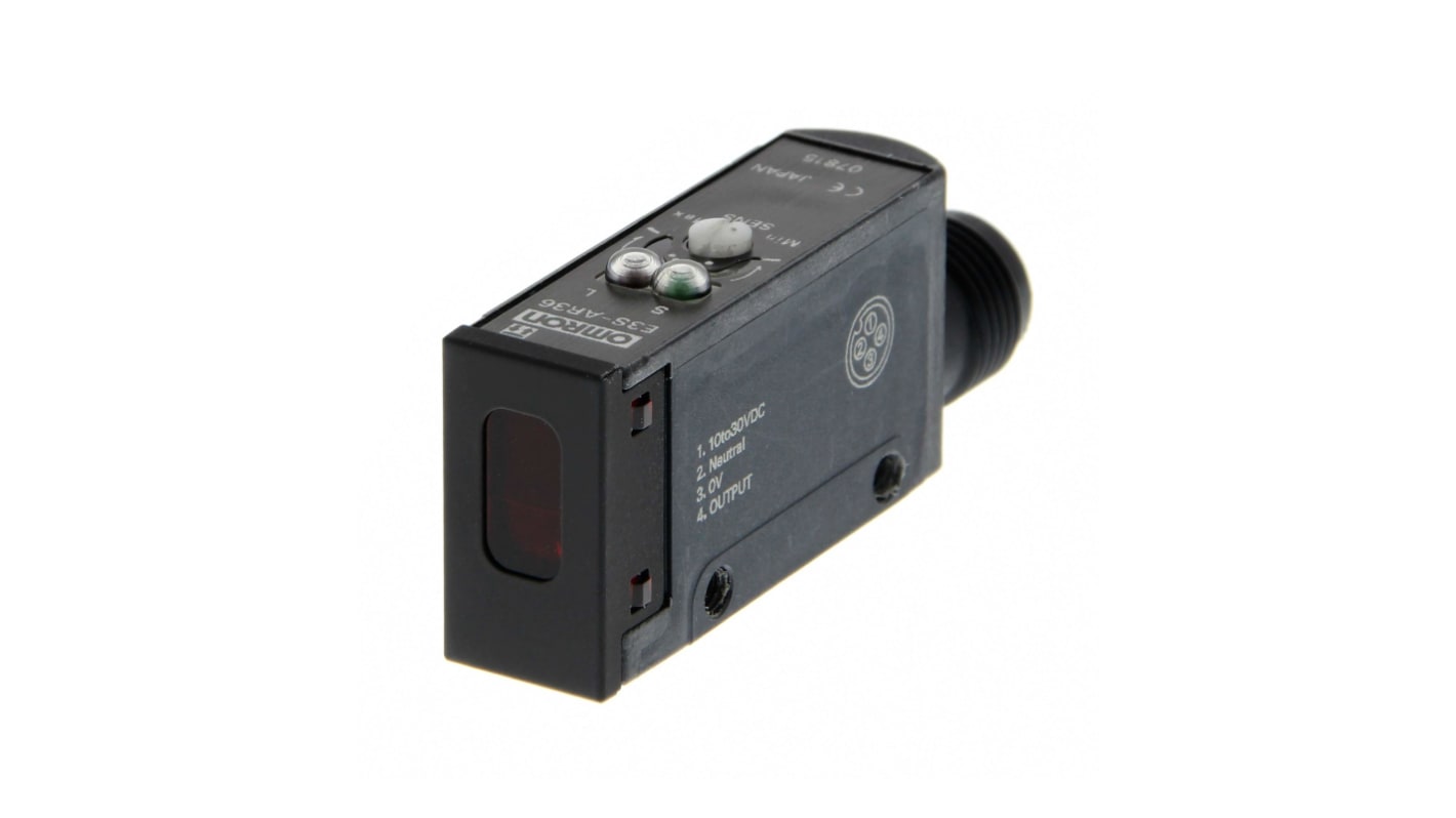Sensore fotoelettrico rettangolare Omron E3S-AR16, rilevamento 100-2000 mm, uscita NPN, connettore M12 a 4 pin.