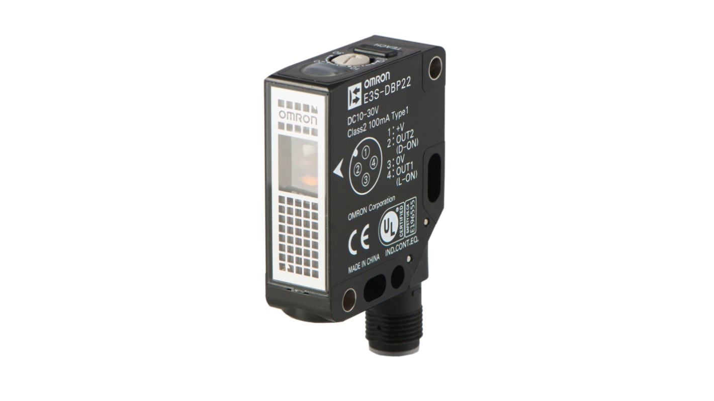 Sensore fotoelettrico rettangolare Omron E3S-DBP22, rilevamento a 500 mm, uscita PNP, connettore M12 a 4 pin.