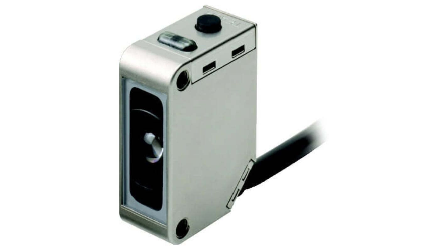 Sensore fotoelettrico rettangolare Omron E3ZM-B81 5M, rilevamento a retroriflessione fino a 500 mm, uscita PNP, LED rosso per visibilità.