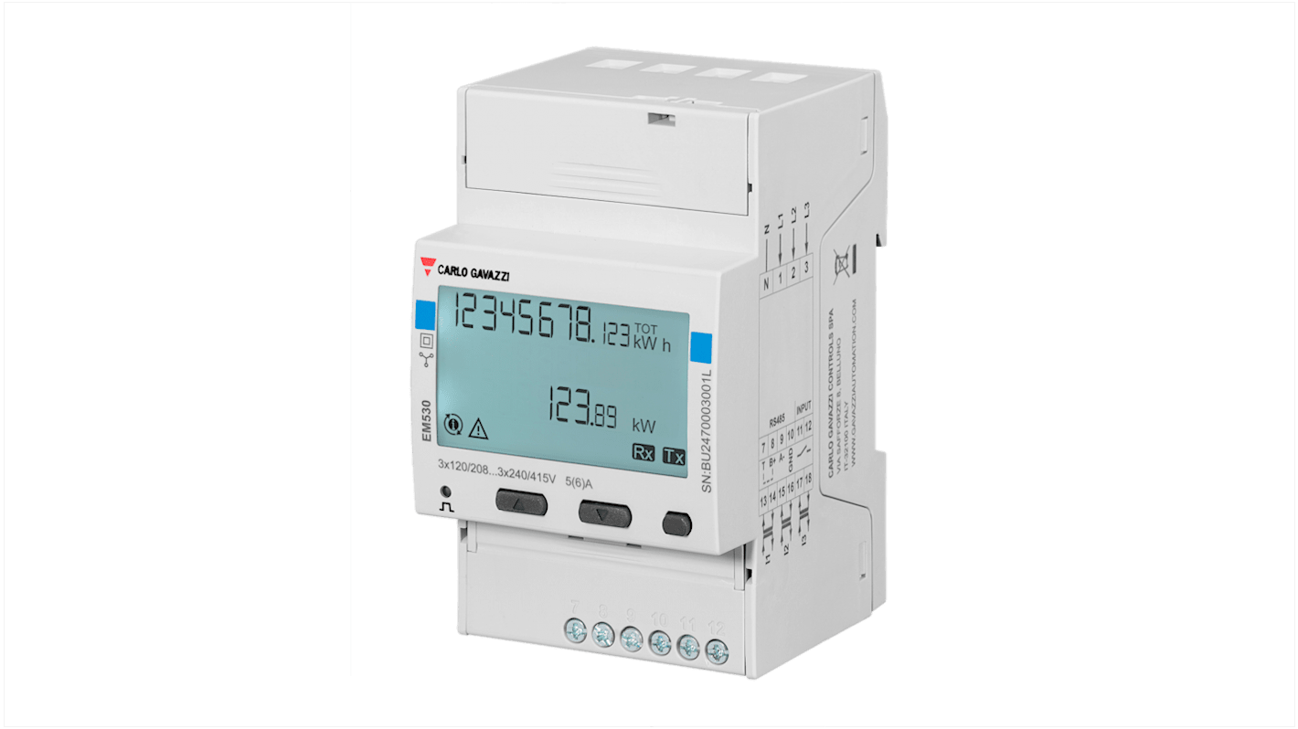 Contatore di energia trifase Carlo Gavazzi EM530DINAV53XM1PFA, display LCD, ingresso digitale, dimensioni 62.41 mm x 53.4 mm.