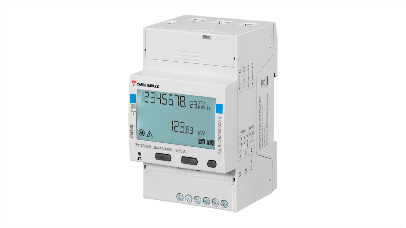 Contatore di energia Carlo Gavazzi EM540DINAV23XS1PFA, 3 fasi, display LCD, ingresso digitale, dimensioni 53.4 mm x 62.41 mm.