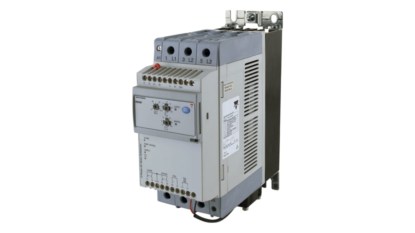 Avviatore soft-start Carlo Gavazzi RSGD40100F0VX311C, 2 fasi, 100 A, 400 V, compatto, protezione sovraccarico, dimensioni 272x259x117 mm.