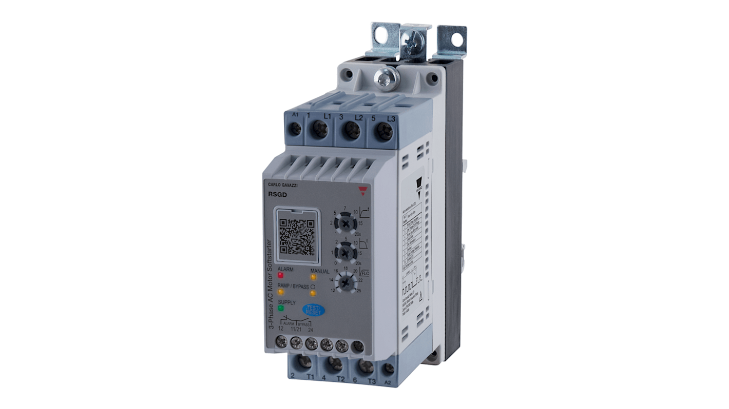 Avviatore soft-start Carlo Gavazzi RSGD4032E0VX210C per motori CA trifase, 32 Amp, 400 V, protezione IP20, comunicazione Modbus.