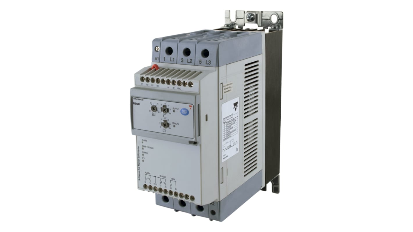 Avviatore soft-start Carlo Gavazzi RSGD4085E0VX310C, 2 fasi, 85 A, 400 V, compatto, protezione sovraccarico, dimensioni 274x259x115 mm.