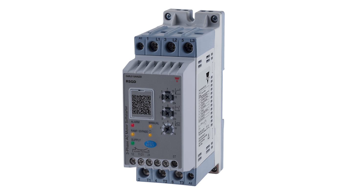 Avviatore soft-start Carlo Gavazzi RSGD6012GGVD210C per motori CA trifase, 12 Amp, 600 V, IP20, con protezione sovraccarico e comunicazione Modbus.