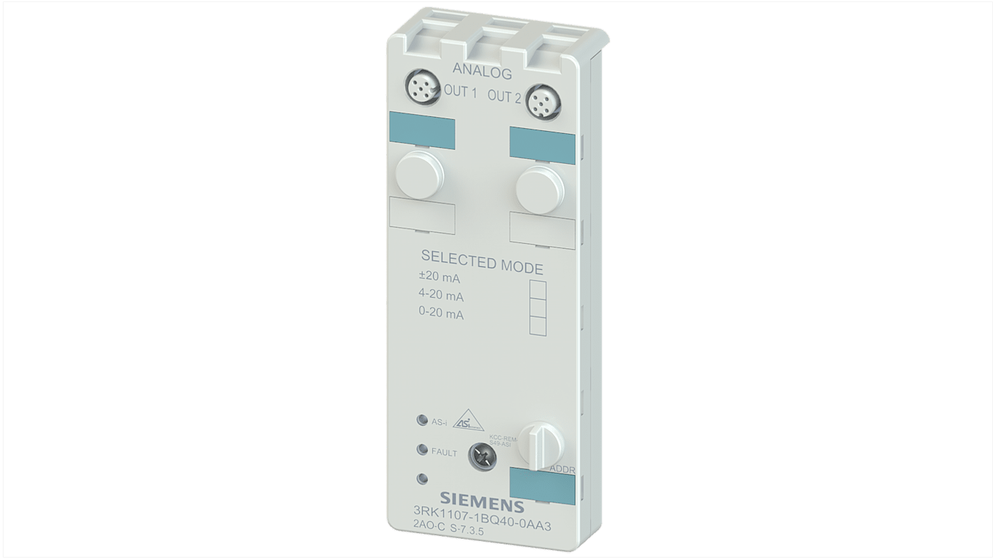 Modulo I/O Siemens 6AG11071BQ407AA3, serie SIPLUS, con 2 uscite analogiche e protezione IP67, dimensioni 152 x 60 x 29 mm.