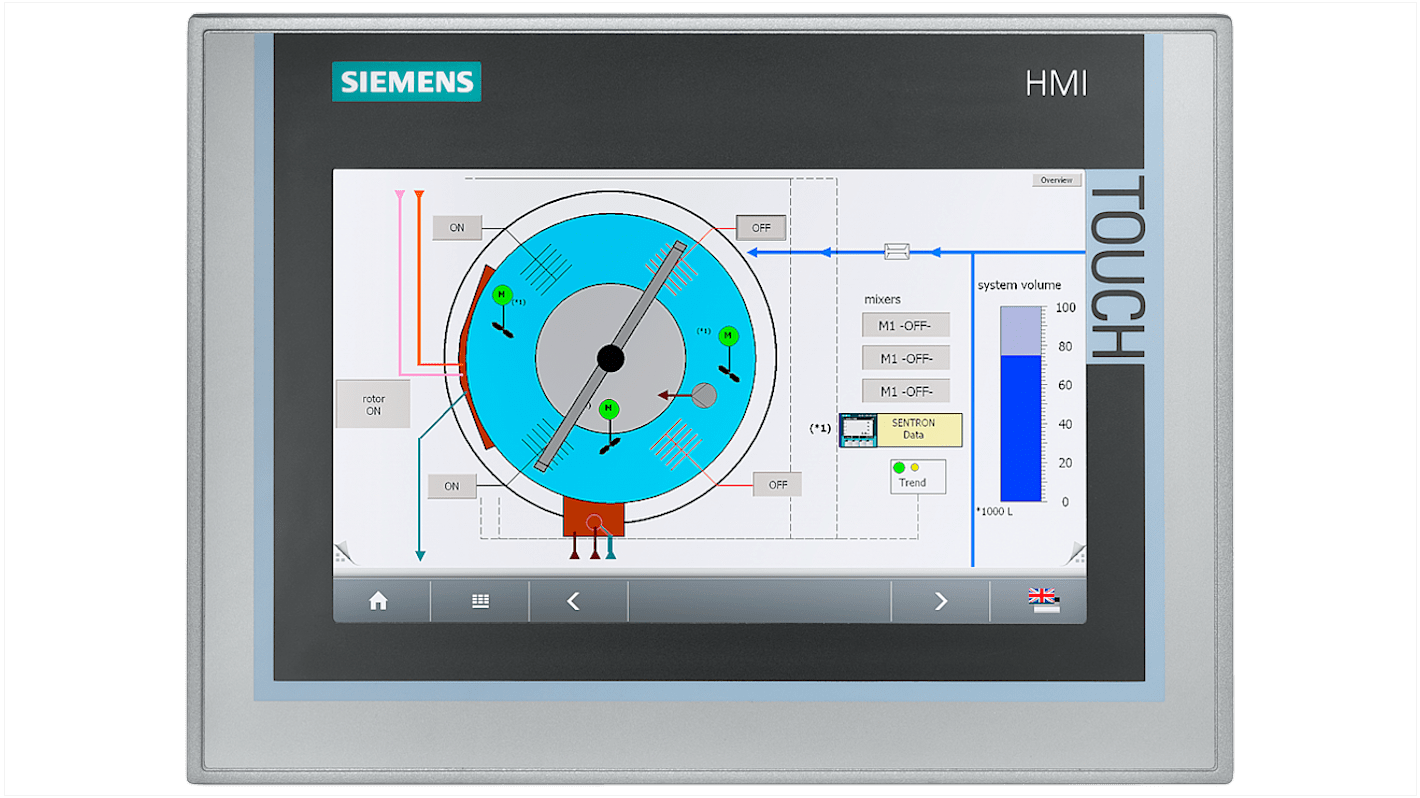 Pannello HMI Siemens 6AG11240GC014AX0, 7 pollici, risoluzione 800 x 480, grado di protezione IP65, interfacce PROFINET e MPI.