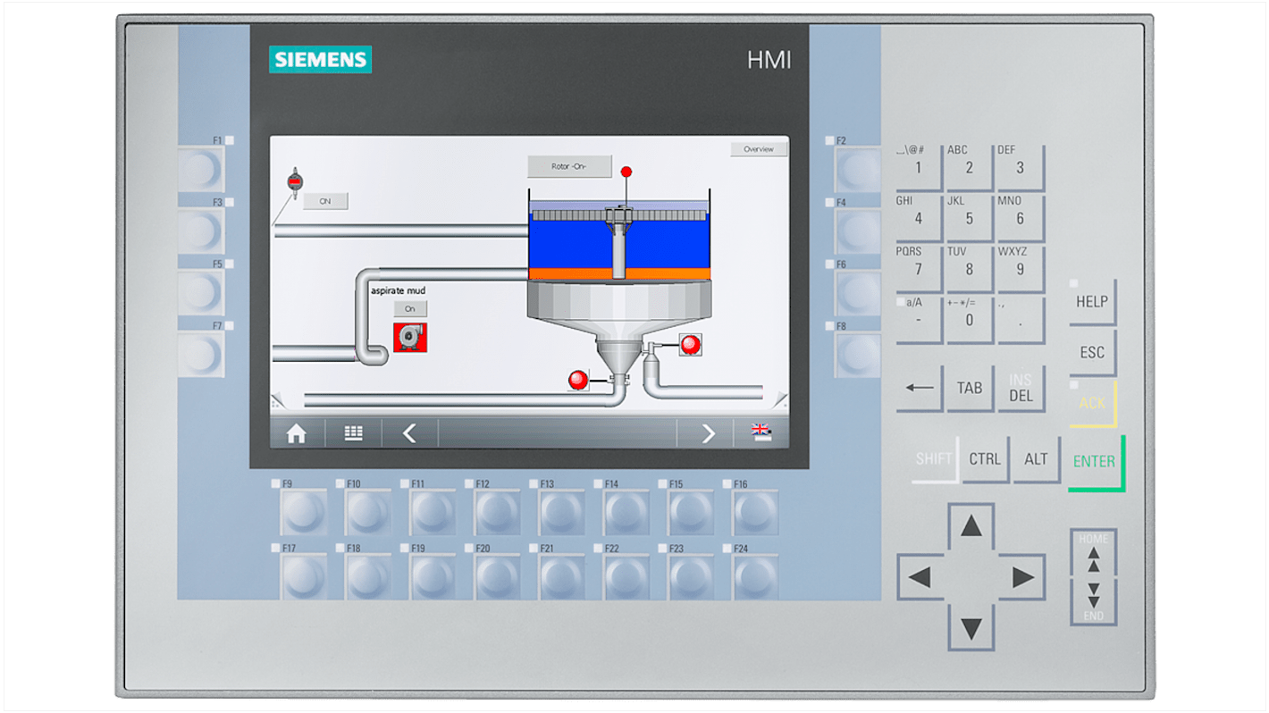 Pannello HMI Siemens 6AG11241GC014AX0 KP700 Comfort, 7 pollici, risoluzione 800 x 480, protezione IP65, interfacce PROFINET e PROFIBUS.