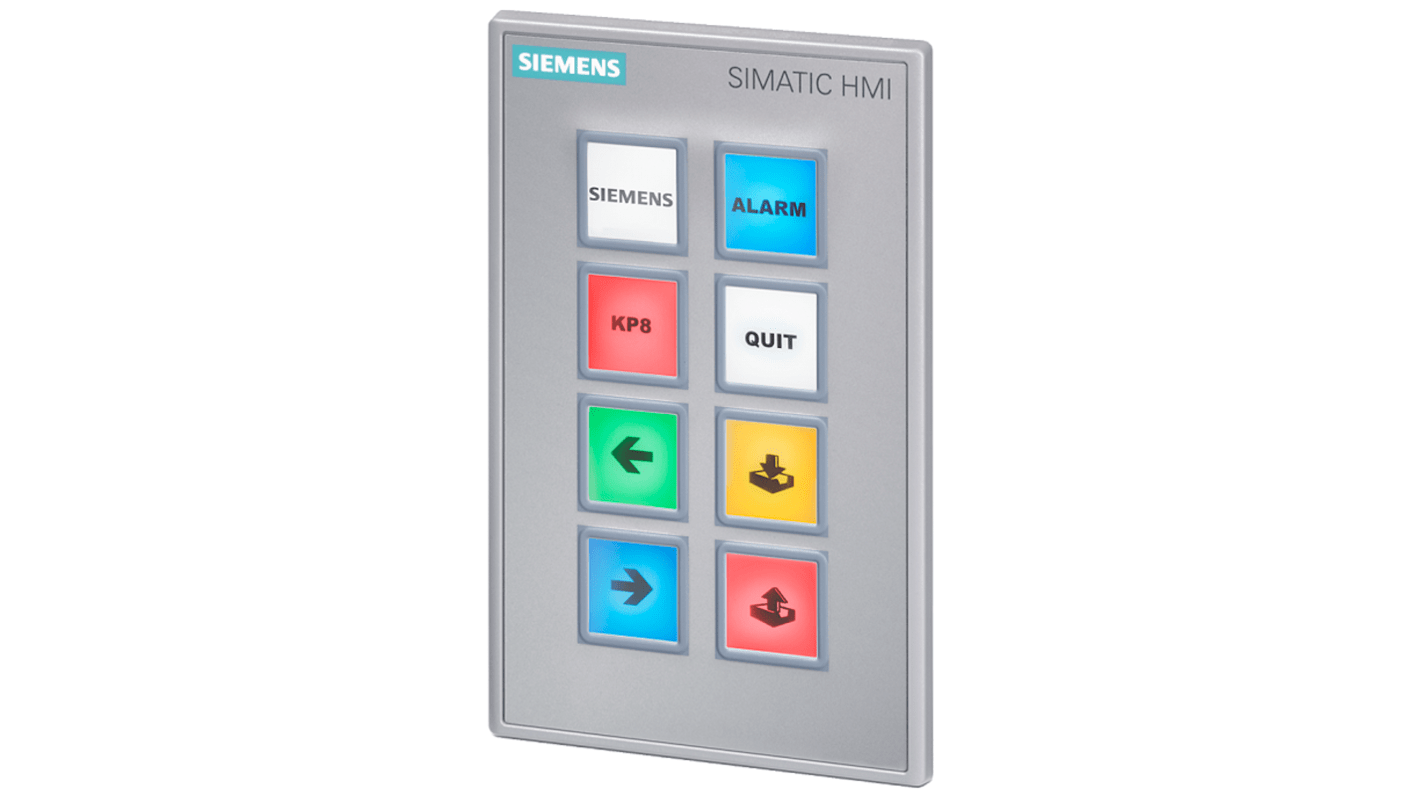 Pannello tasti HMI Siemens 6AG16883AF372AX0, serie SIPLUS, con 8 interruttori LED multicolore e interfacce PROFINET.