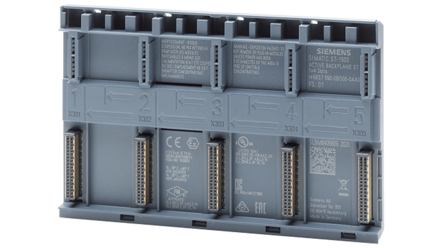 Siemens 6ES75900BD000AA0, backplane attivo per guida DIN SIMATIC S7-1500, 4 slot I/O, dimensioni 154 x 99 x 14 mm.