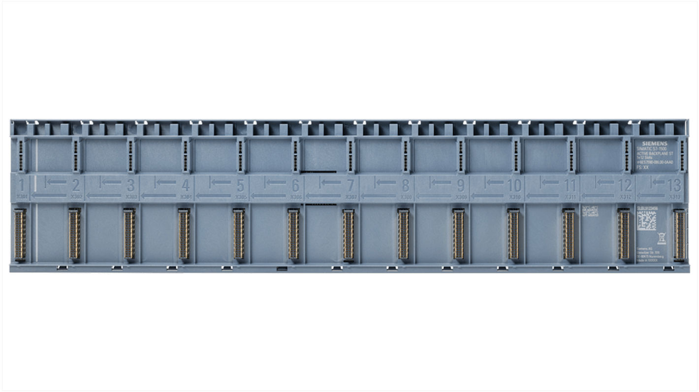 Siemens 6ES75900BL000AA0, backplane attivo per guida DIN, 12 slot I/O, dimensioni 99 x 434 x 14 mm. Compatibile ET 200MP.