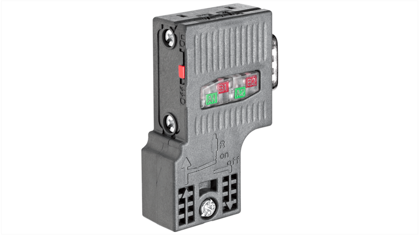 Connettore maschio Siemens 6ES79720BA520XB0 per SIMATIC DP PROFIBUS, uscita a 90 gradi, dimensioni 15,8 x 59 x 35,6 mm.