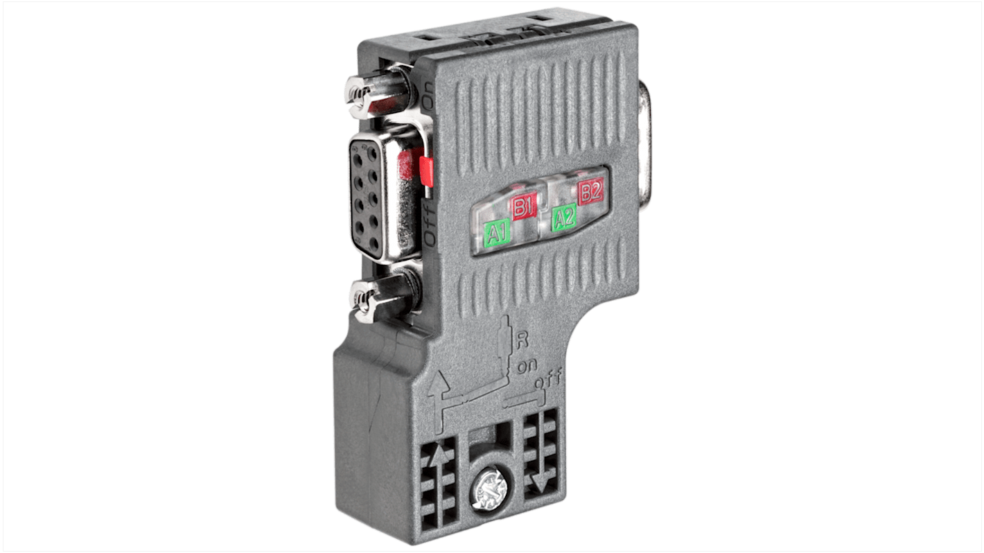 Zoccolo relè Siemens 6ES79720BB520XB0 per SIMATIC DP PROFIBUS, con connettore maschio e uscita cavo a 90°, dimensioni 15,8 x 59 x 35,6 mm.
