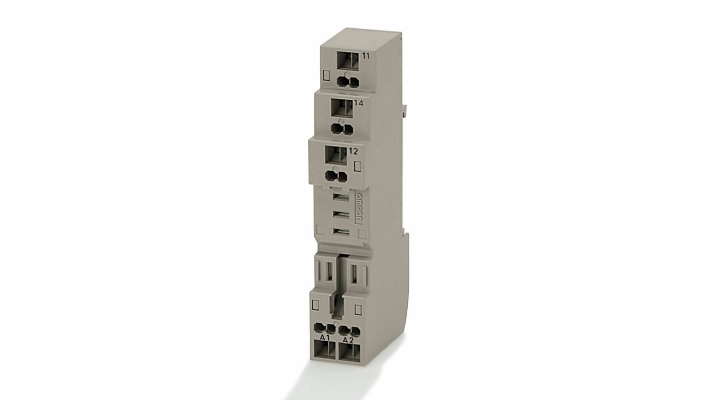 Zoccolo a morsetto senza viti Omron P2RF-05-S per relè Serie G2R-1-S. Facilita il cablaggio e garantisce un contatto affidabile. Compatibile con fili da 0,2 a 1,5 mm². Semplice sostituzione del relè e protezione per le dita.