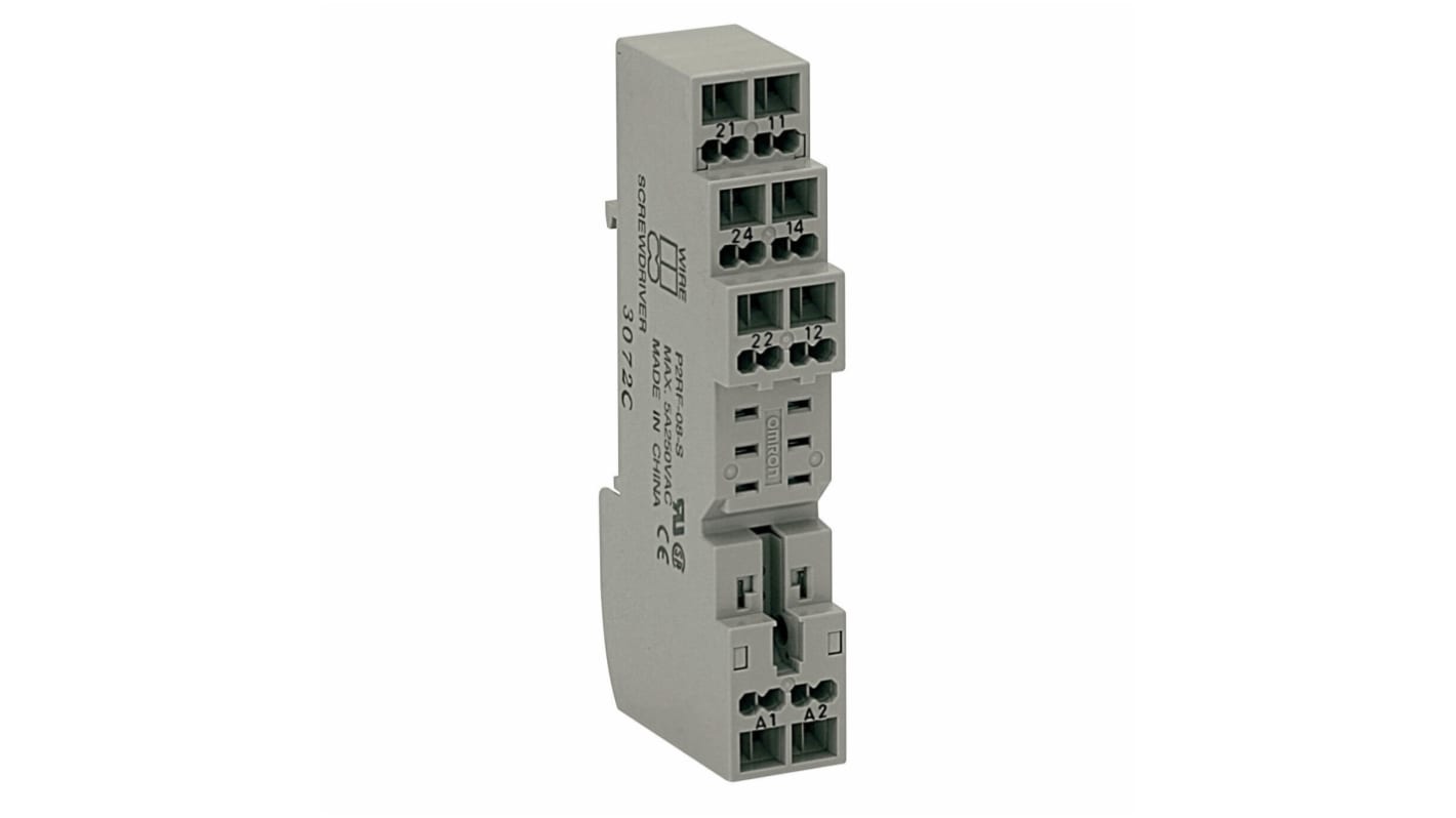 Zoccolo Omron P2RF-08-S per relè G2R-2-S: connessione veloce e sicura, doppio cablaggio, espulsore per sostituzione facile. Compatibile con fili da 0,2 a 1,5 mm².