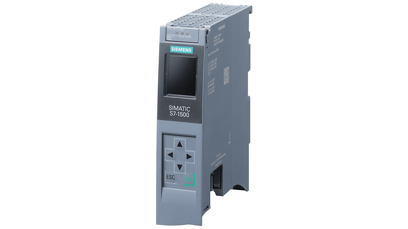 CPU PLC Siemens 6ES7511-1AL03-0AB0, 20 I/O digitali, 24 V, interfacce Profibus e Profinet, dimensioni 35 x 147 x 129 mm.