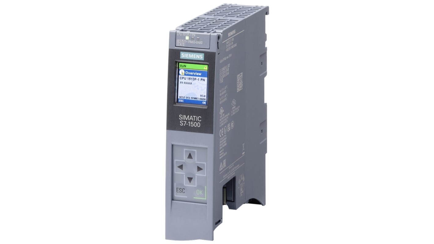 CPU PLC Siemens 6ES7513-1FM03-0AB0, 20 I/O digitali, 24 V, interfaccia RJ45, dimensioni 35 x 147 x 129 mm.