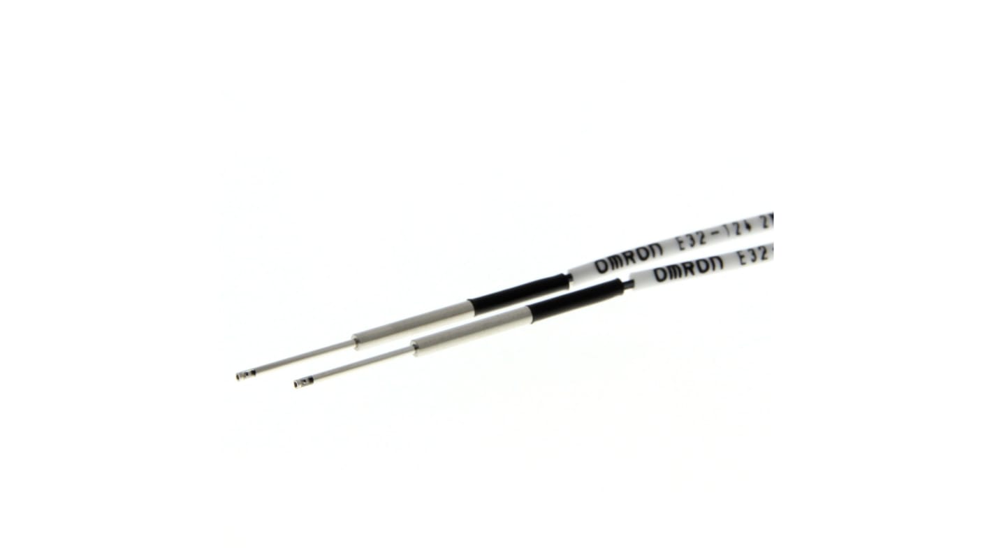 Sensore per fibre ottiche Omron E32-T24 2M, con testa cilindrica, cavo di 2 m e grado di protezione IP67. Distanza di rilevamento 250 mm.
