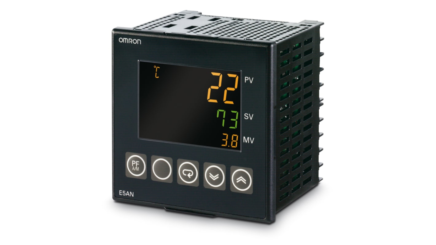 Omron E5AN-HPRR2BMD-500, controller 24VAC/DC, montaggio a pannello, 96 x 96 x 78 mm, uscita relè proporzionale alla posizione.