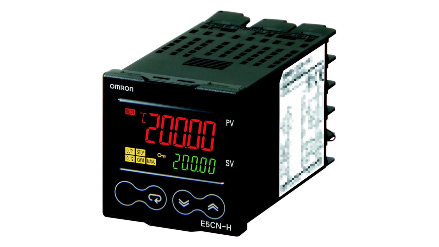 Omron E5CN-HTR2M-500, controller di temperatura programmabile 100-240 VAC, 48x48x78 mm, 3 uscite relè, montaggio a pannello.