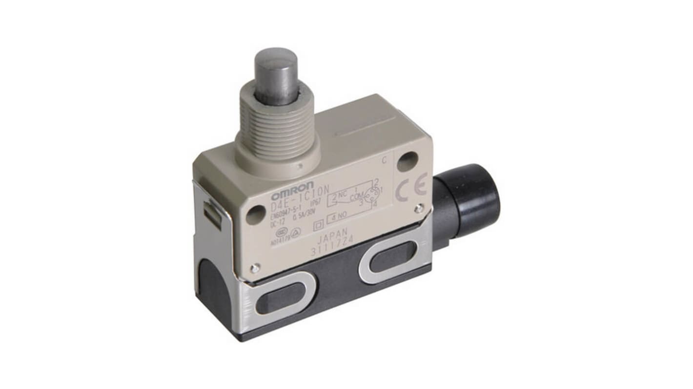 Omron D4E-1C10N, interruttore sigillato compatto per applicazioni industriali, con attivazione a scatto fluida e protezione contro polvere e olio.
