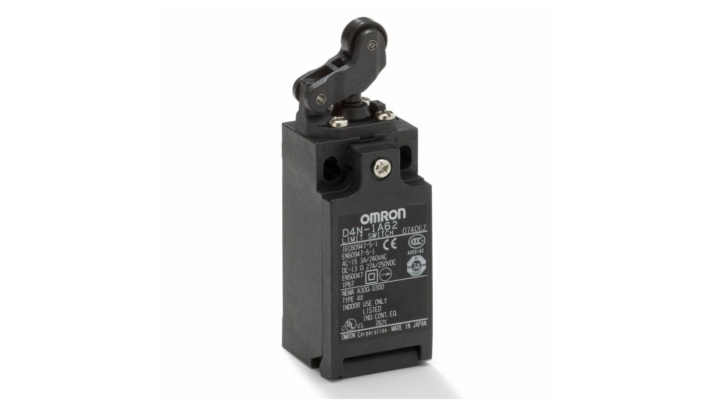 Interruttore di fine corsa Omron D4N-1A62 con leva a braccio a rotella unidirezionale, contatti placcati oro per alta affidabilità.