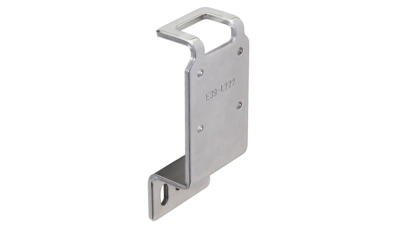 Staffa di montaggio Omron E39-L222 in acciaio inox per sensore E3AS, con connettore M12 precablato. Progettata per coperchio orizzontale.