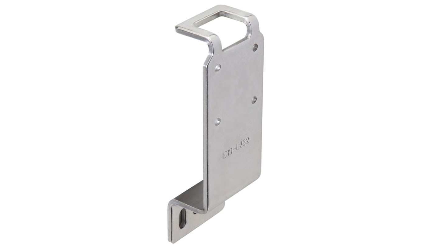Staffa di montaggio Omron E39-L232 in acciaio inox per sensore E3AS, con connettore M8 e design per coperchio orizzontale.