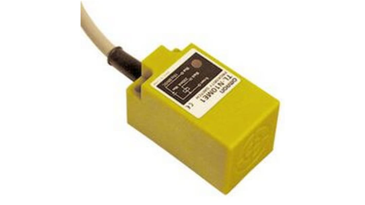 Sensore di prossimità rettangolare NPN Omron TL-N10ME1 2M, rilevamento a 10 mm, alimentazione 12-24 V CC, grado di protezione IP67.