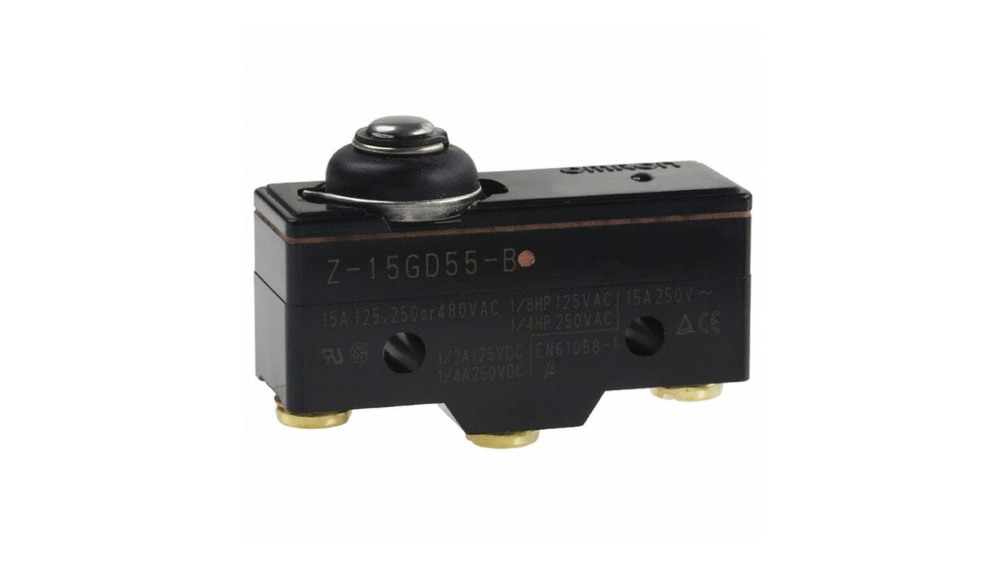 Interruttore di fine corsa Omron Z-15GD55-B, configurazione SPDT, contatti NO/NC, grado di protezione IP62, custodia in plastica.