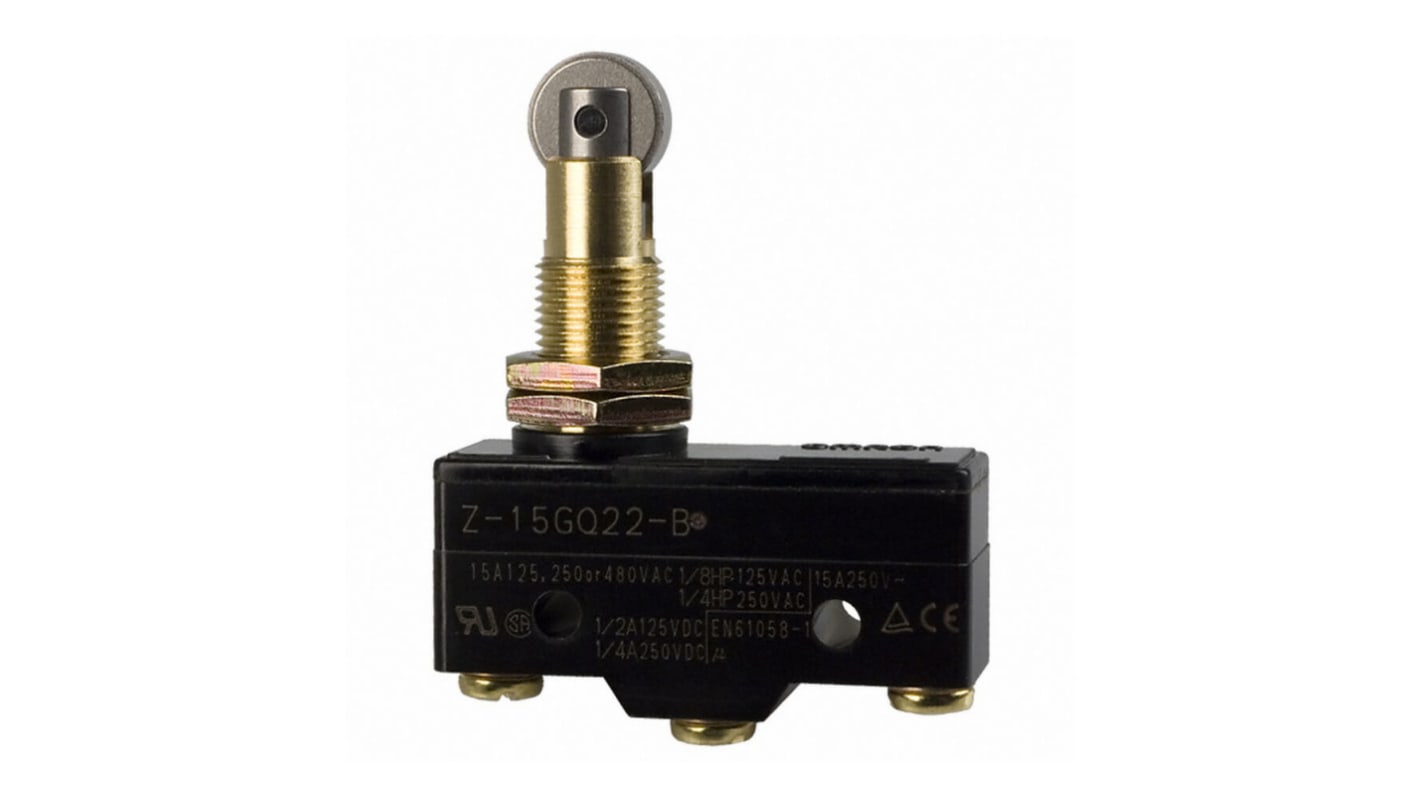 Interruttore di fine corsa Omron Z-15GW2255 con leva a bilanciere corto, configurazione SPDT, protezione IP62, 15A, 250V.