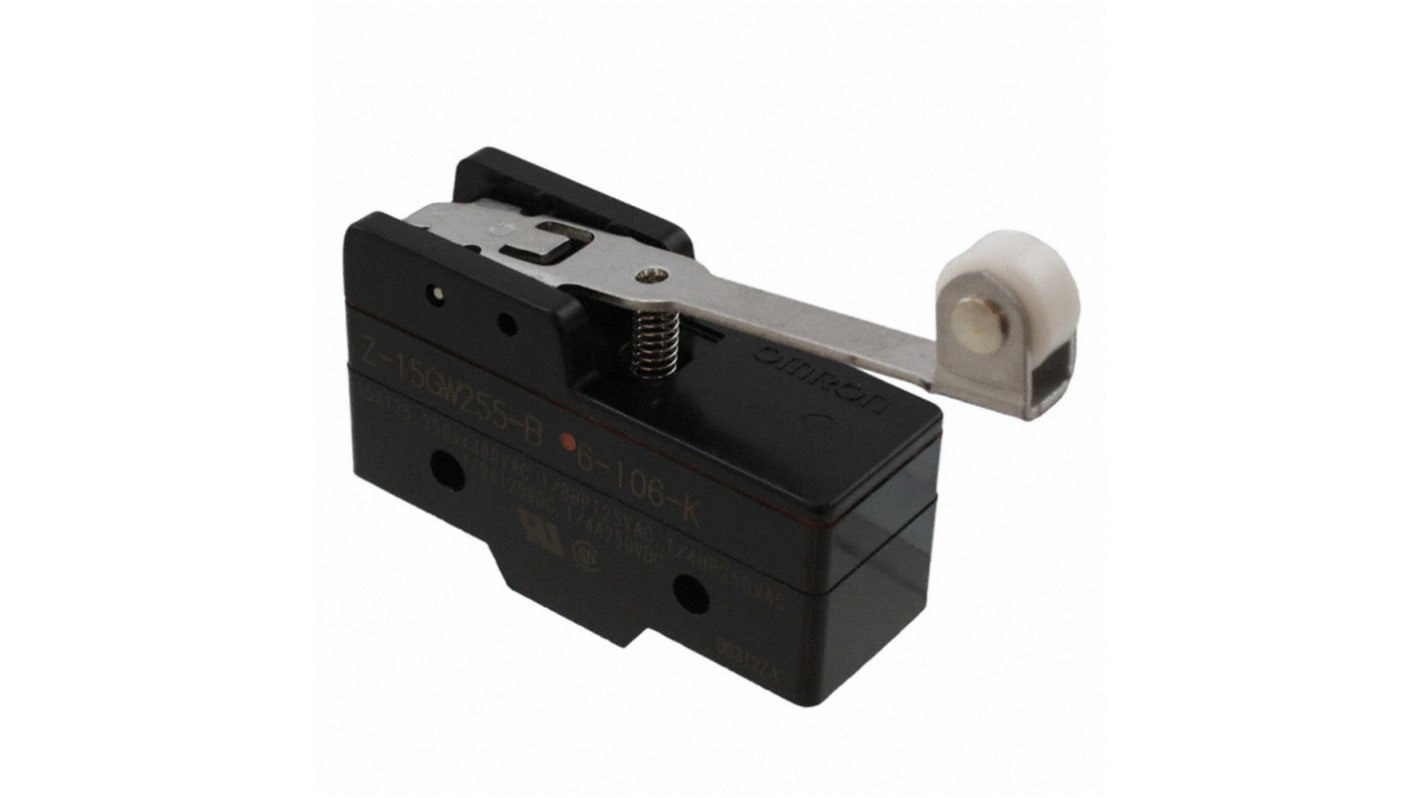 Interruttore di fine corsa Omron Z-15GW255 con leva a rotella, configurazione SPDT, grado di protezione IP62, corrente 15 A.