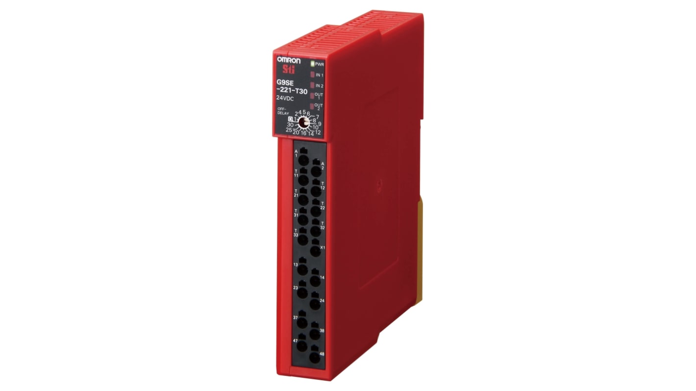 Relè di sicurezza Omron G9SE-221-T30, 2 canali, 24V cc, montaggio su guida DIN, dimensioni 45 mm, reset automatico e manuale.