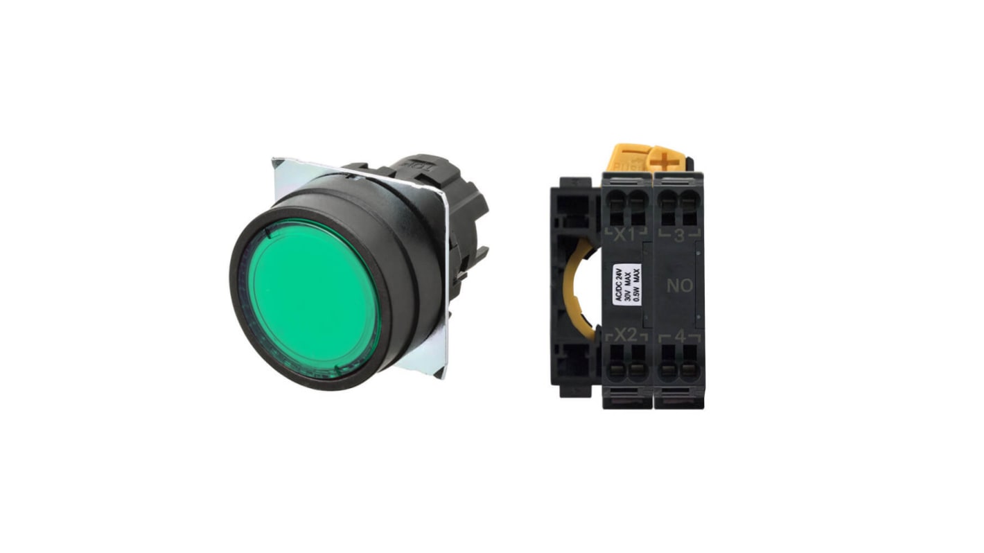 Interruttore a pulsante Omron A22NL-BNM-TGA-P100-GC, illuminato, montaggio a pannello, IP66, 24 V c.c., attuatore verde.