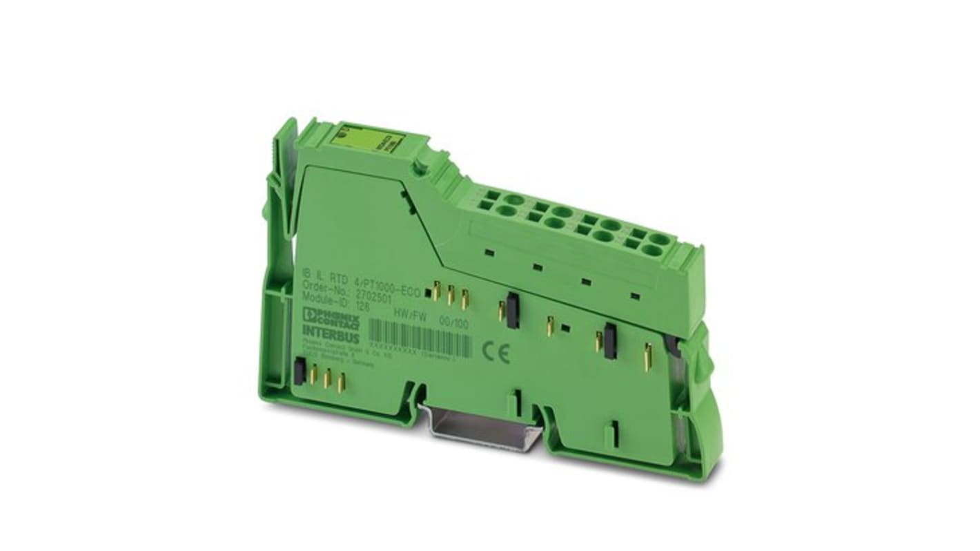 Modulo analogico Phoenix Contact 2702501, 4 ingressi per segnali da sensori di temperatura, dimensioni 119,8 x 12,2 x 71,5 mm.