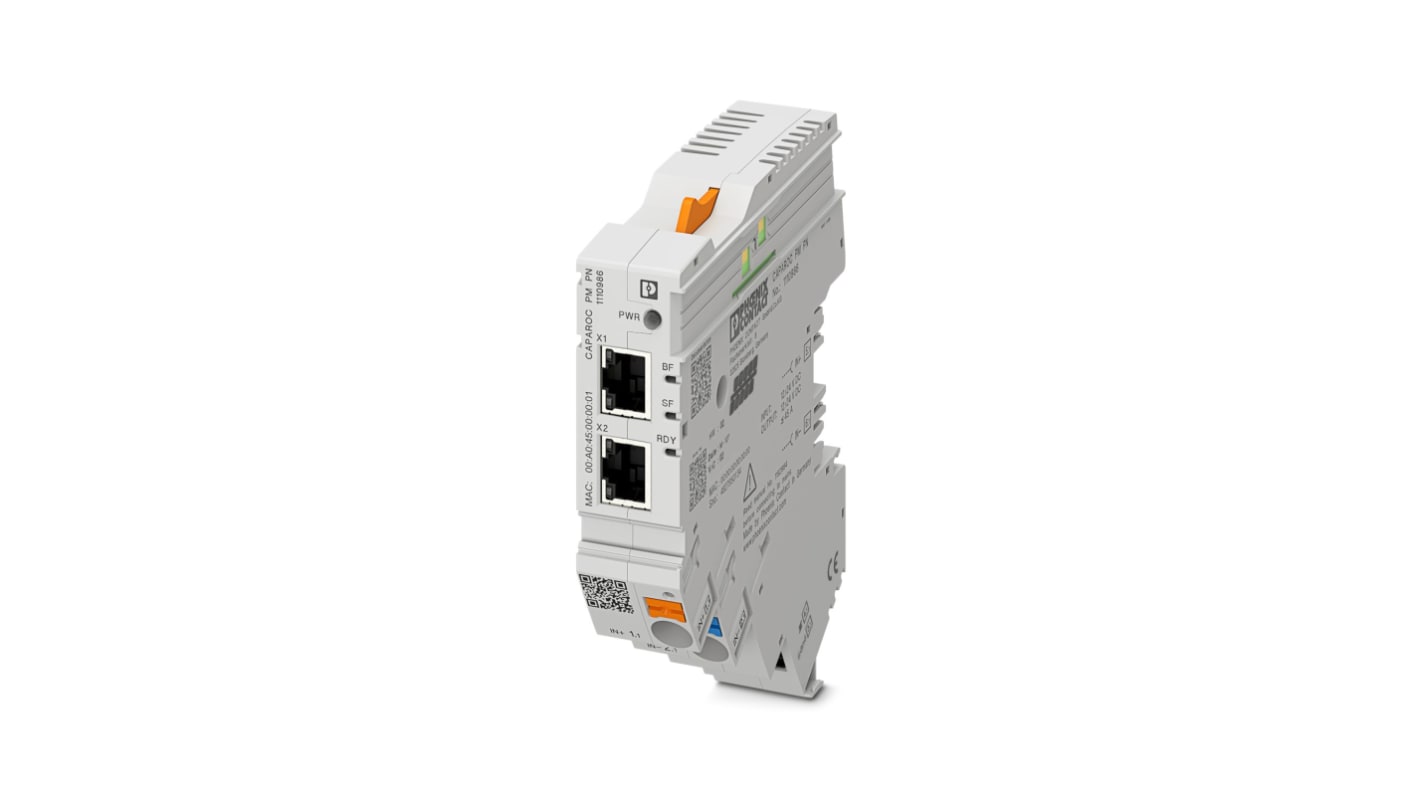 Phoenix Contact Modulo I/O 1110986, alimentazione 12 V CC, interfaccia PROFINET, dimensioni 111,3 x 24,8 x 132,4 mm. Montaggio senza attrezzi.