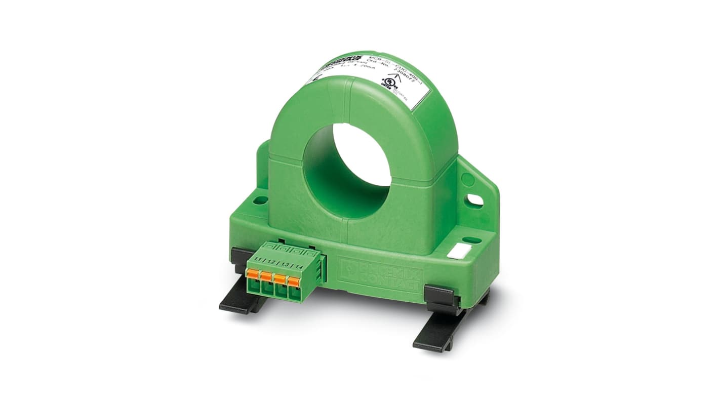 Trasduttore di corrente Phoenix Contact 2308072, ingresso 0-400 A, uscita 4-20 mA, montaggio su guida DIN, alimentazione 24 V.