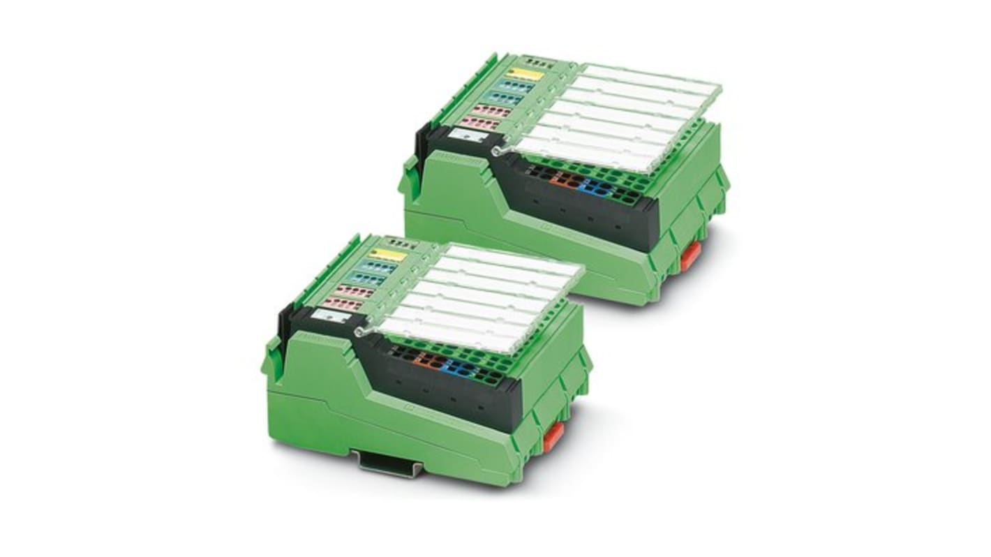 Morsettiera wireless Phoenix Contact 2702875, trasmissione 16 segnali digitali e 2 analogici, dimensioni 123,4 x 95 x 57 mm.