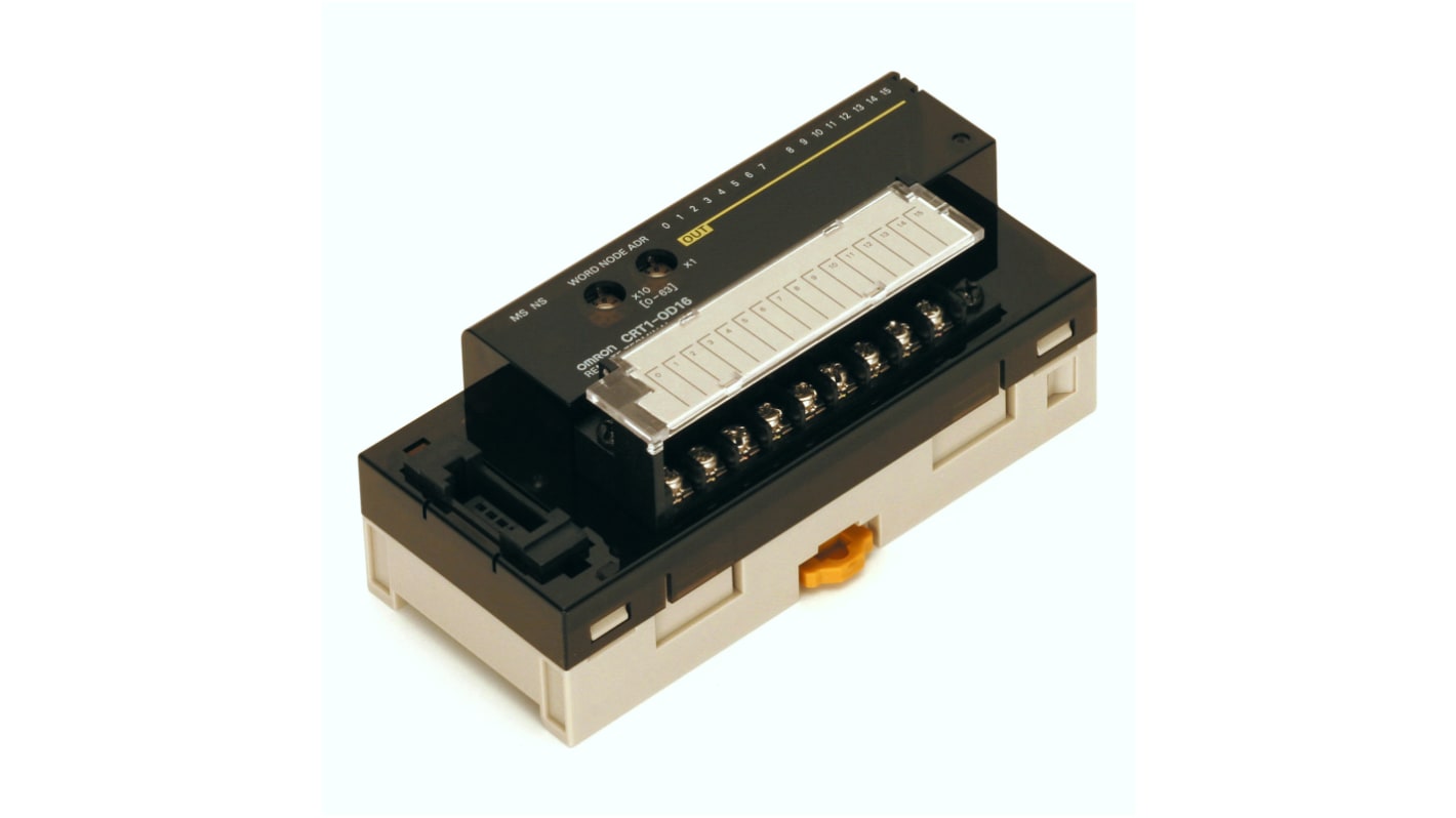 Modulo I/O Omron CRT1-OD16, unità di uscita CompoNet con 16 uscite a transistor, dimensioni 52 x 115 x 50 mm.