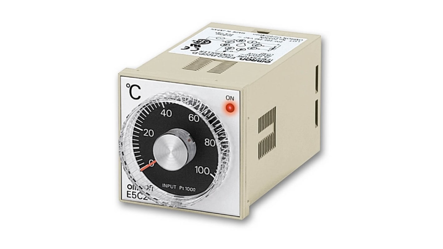 Omron E5C2-R20J, regolatore di temperatura 0-200 °C, montaggio a pannello, 48 x 48 mm, alimentazione 100-240 VAC.