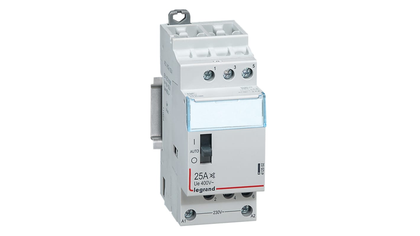 Contattore Legrand 412502, 3 poli, 3NO, 25 A, bobina 230 V, classe di protezione IP2X, per carico in tariffazione off-peak.
