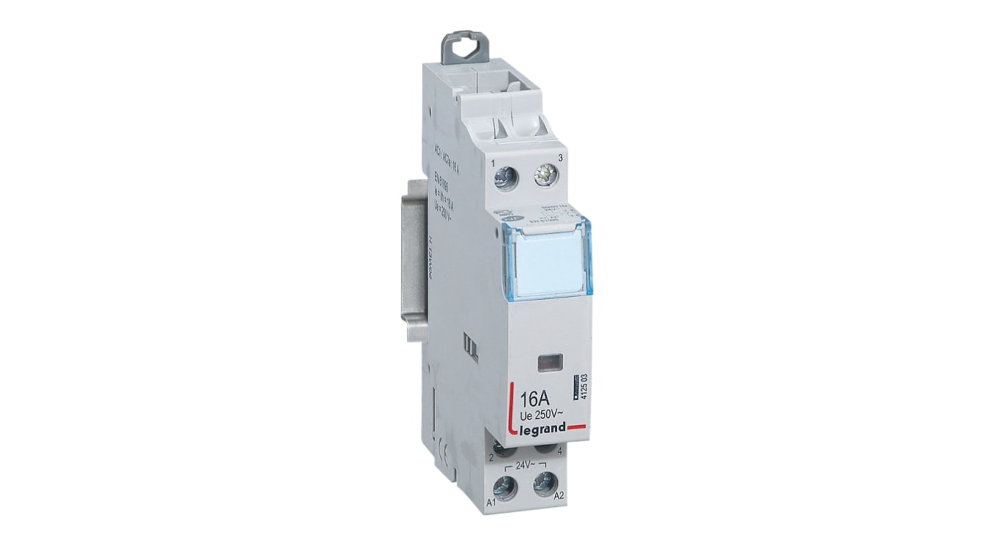 Contattore Legrand 412503, 2 poli NO/NC, 16 A, 24 V bobina, IP2X, per applicazioni industriali.
