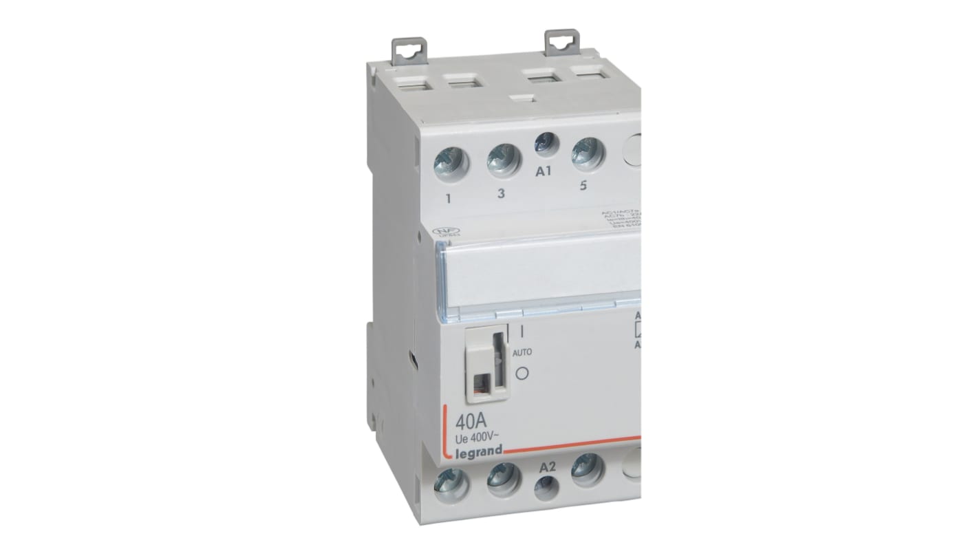 Contattore Legrand 412549, 3 poli 3NO, 40 A, 5 kW, bobina 230 V, per controllo remoto di carico.