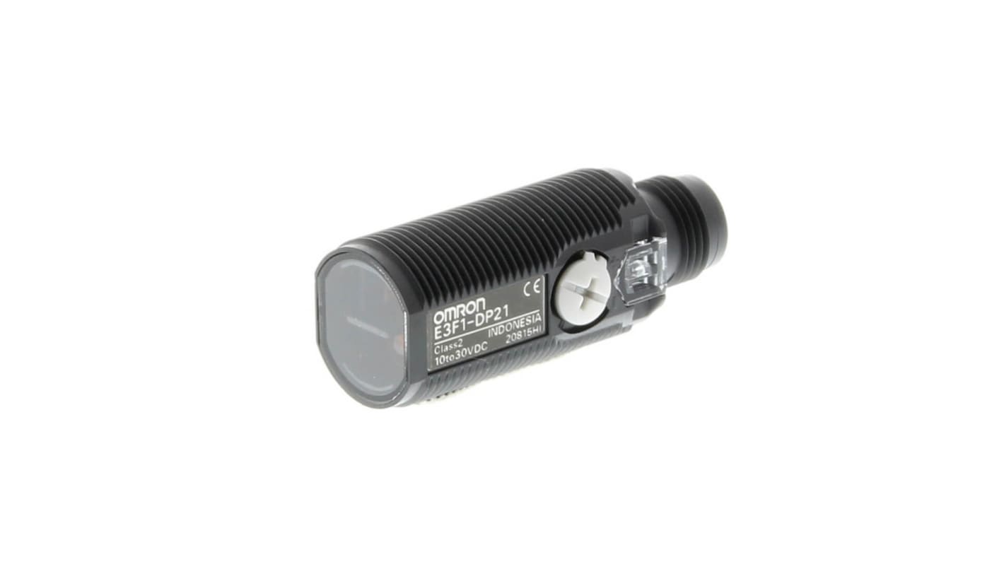 Omron E3F1-DP22, sensore fotoelettrico cilindrico a diffusione, rilevamento fino a 300 mm, con uscita PNP e connettore M12.